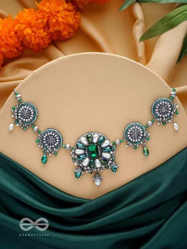 PRADHI - MOON LIKE ELEGANCE - GLASS DROPS, STONES AND PEARLS EMBROIDERED AND OXIDISED NECKPIECE