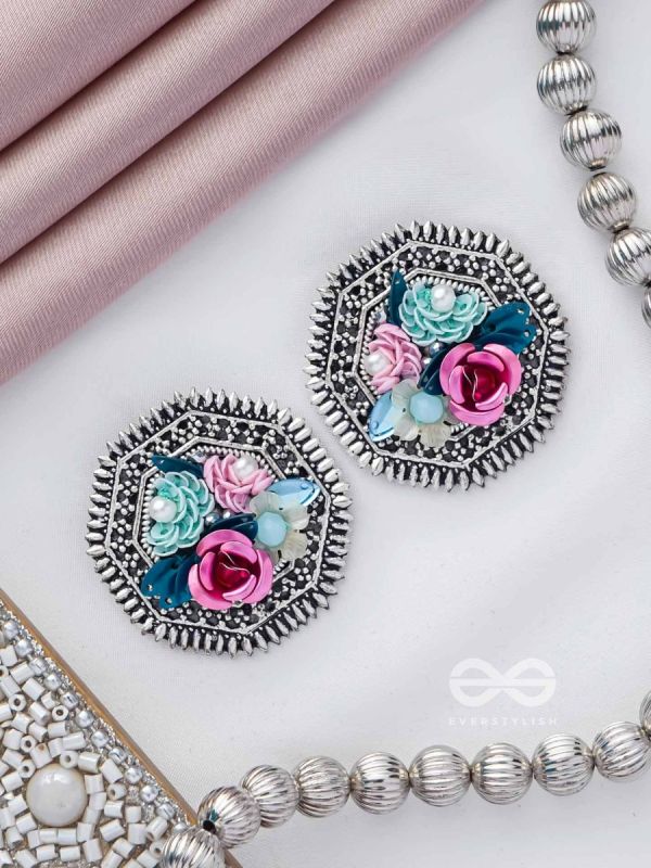 UDYANAKALA - GARDEN OF ART - SEQUINS AND PEARLS EMBROIDERED AND OXIDISED STUD EARRINGS