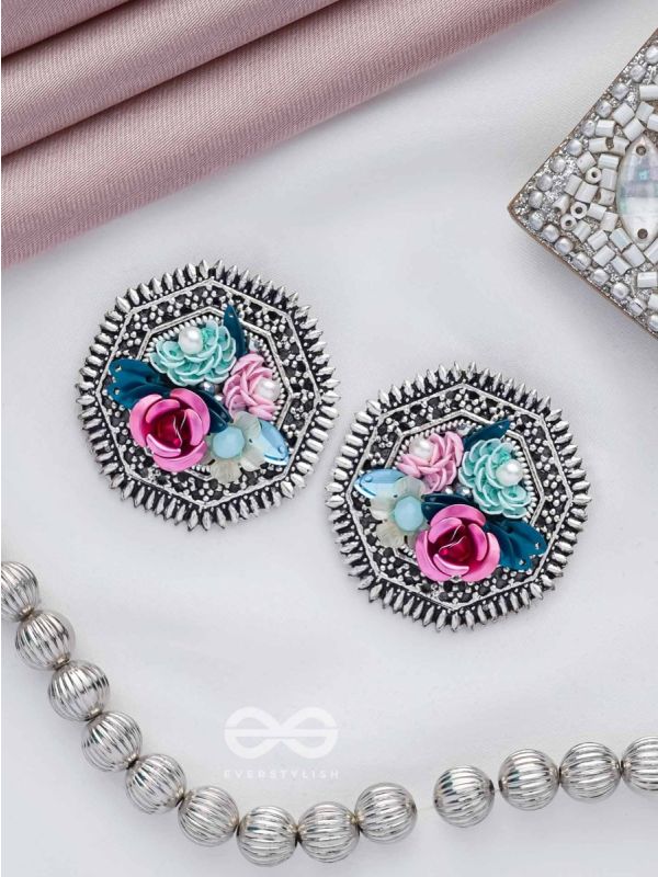 UDYANAKALA - GARDEN OF ART - SEQUINS AND PEARLS EMBROIDERED AND OXIDISED STUD EARRINGS