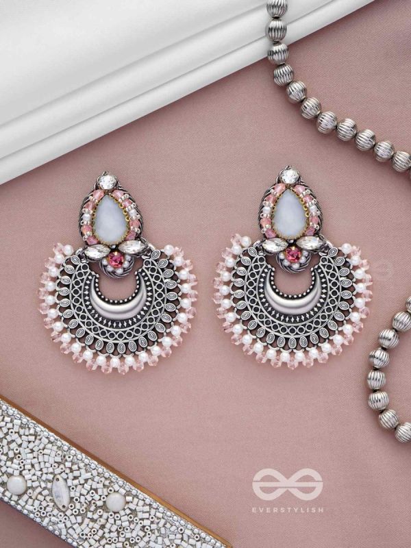 Chandrabhaas - Moon Like Appearance - Beads And Stones Hand Embroidered Oxidised Earrings