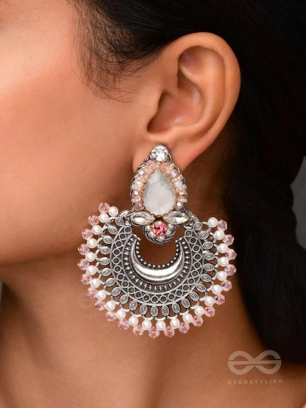 Chandrabhaas - Moon Like Appearance - Beads And Stones Hand Embroidered Oxidised Earrings