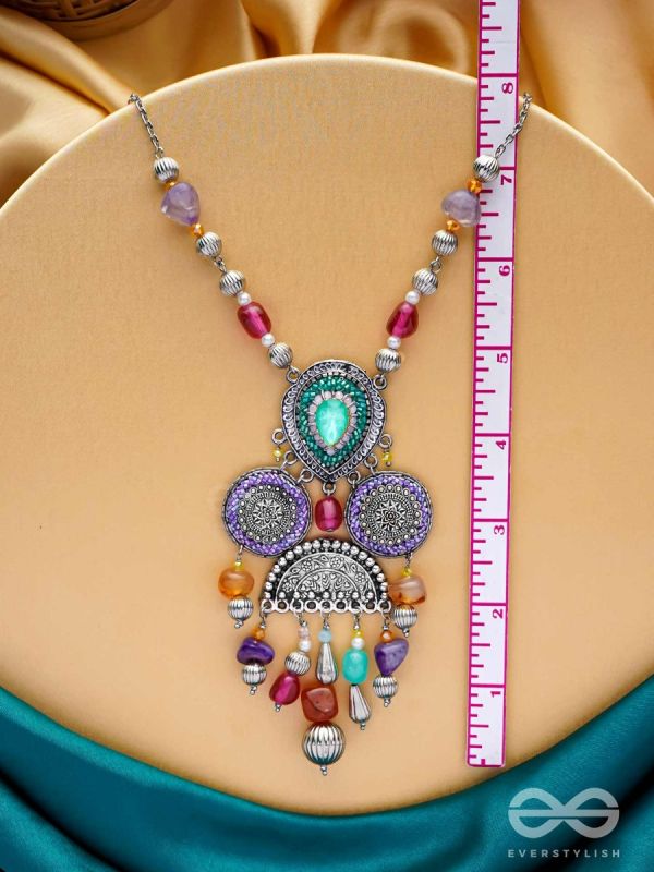 CHITRAVARNA - THE COLORFUL CHARMS - STONE AND GLASS DROPS EMBROIDERED AND OXIDISED NECKPIECE (MULTICOLOR)