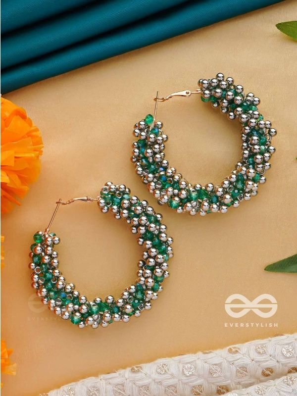 THE MISTLETOE MARVELS - BEADED HOOP EARRINGS (SILVER AND GREEN)