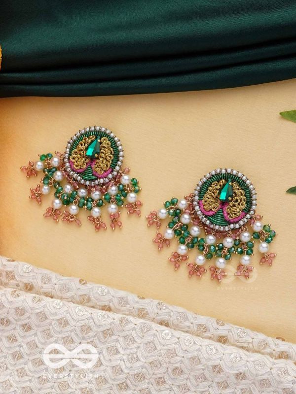 VARNANANDINI - THE COLORFUL DELIGHT - STONE, PEARLS AND BEADS EMBROIDERED EARRINGS (GREEN & PINK)