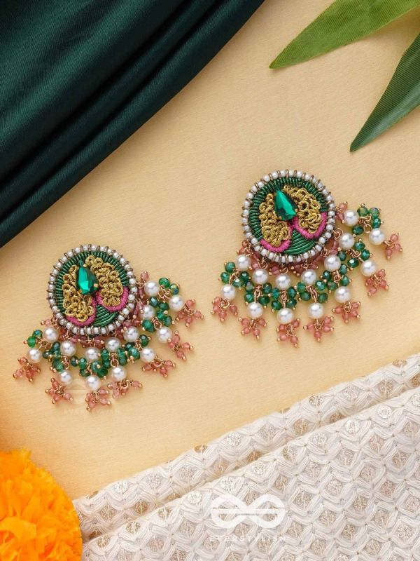 VARNANANDINI - THE COLORFUL DELIGHT - STONE, PEARLS AND BEADS EMBROIDERED EARRINGS (GREEN & PINK)