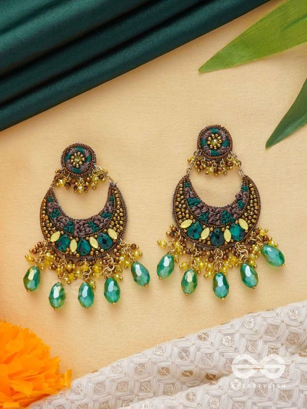 Sajivika - The Lively Dreamdrops - Beads And Glass Drops Hand Embroidered Earrings (Green & Golden)