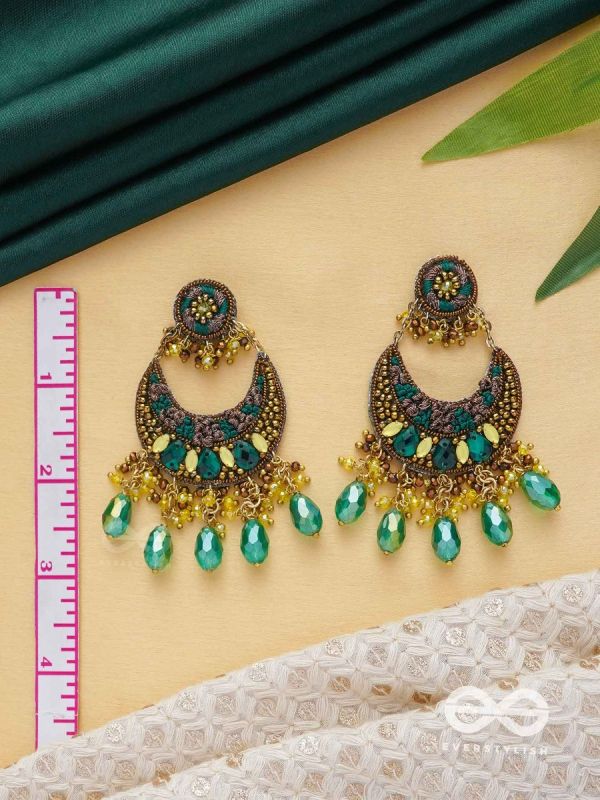 Sajivika - The Lively Dreamdrops - Beads And Glass Drops Hand Embroidered Earrings (Green & Golden)