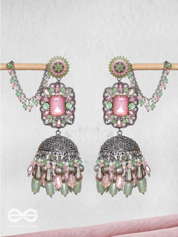 Abhivars - A Shower Of Blossom - Stone And Beads Oxidised And Hand Embroidered Jhumka Earrings