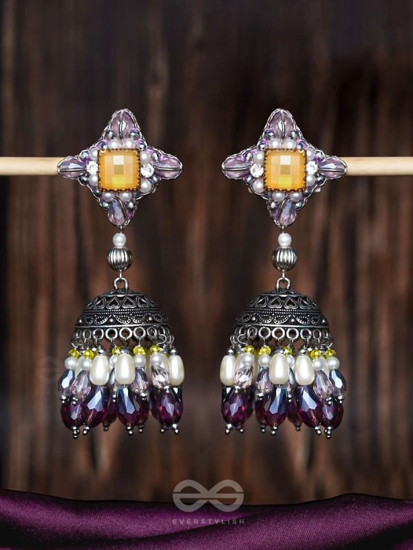 Vasatya - Gradient Of Dusk - Stone And Beads Hand Embroidered And Oxidised Jhumka Earrings
