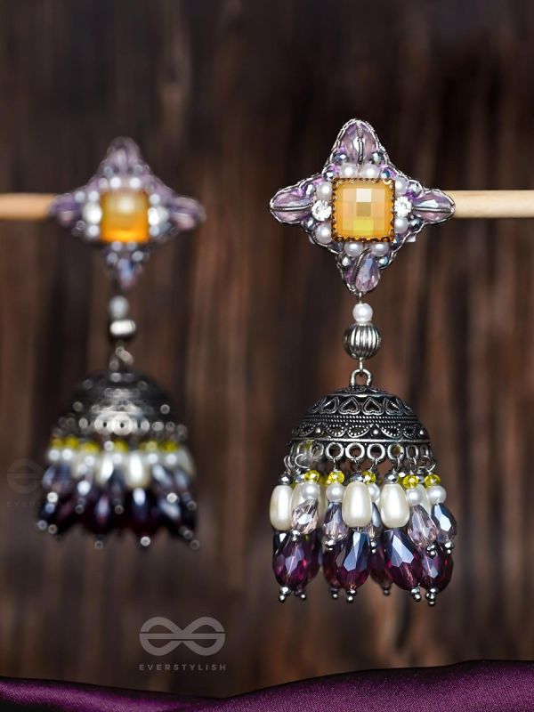 Vasatya - Gradient Of Dusk - Stone And Beads Hand Embroidered And Oxidised Jhumka Earrings