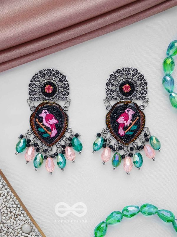 VIHANGIKA - FEATHERED FLIGHT ELEGANCE - STONE, GLASS DROPS AND RESHAM EMBROIDERED AND OXIDISED EARRINGS