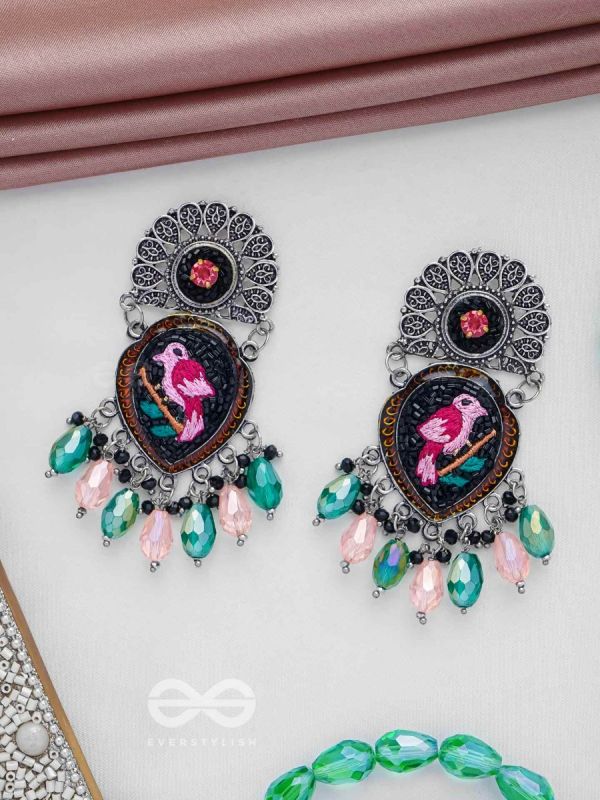 VIHANGIKA - FEATHERED FLIGHT ELEGANCE - STONE, GLASS DROPS AND RESHAM EMBROIDERED AND OXIDISED EARRINGS