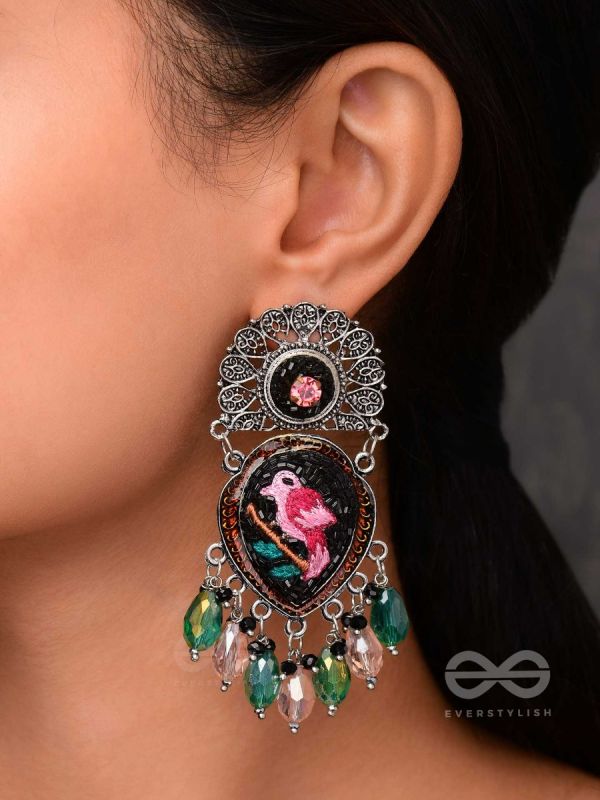 VIHANGIKA - FEATHERED FLIGHT ELEGANCE - STONE, GLASS DROPS AND RESHAM EMBROIDERED AND OXIDISED EARRINGS