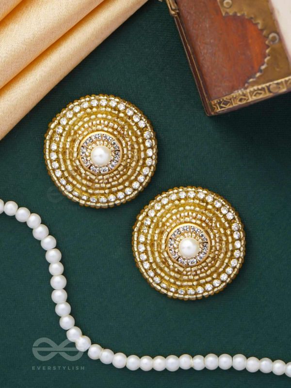 PRABHAKARINI - THE ILLUMINATING GOLDEN - PEARLS AND BEADS EMBROIDERED STUD EARRINGS