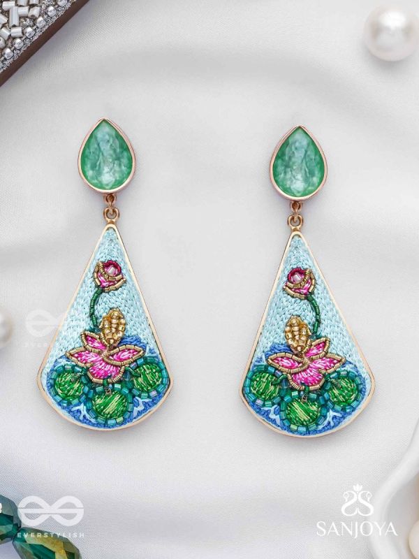 Padmalatā - Lotus Vine Hand-embroidered earrings with Cutdana, Dabka and Resham thread work 