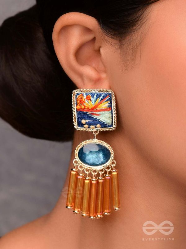 Ajyavari - The Seashore Sunshine - Resham And Stone Hand Embroidered Earrings