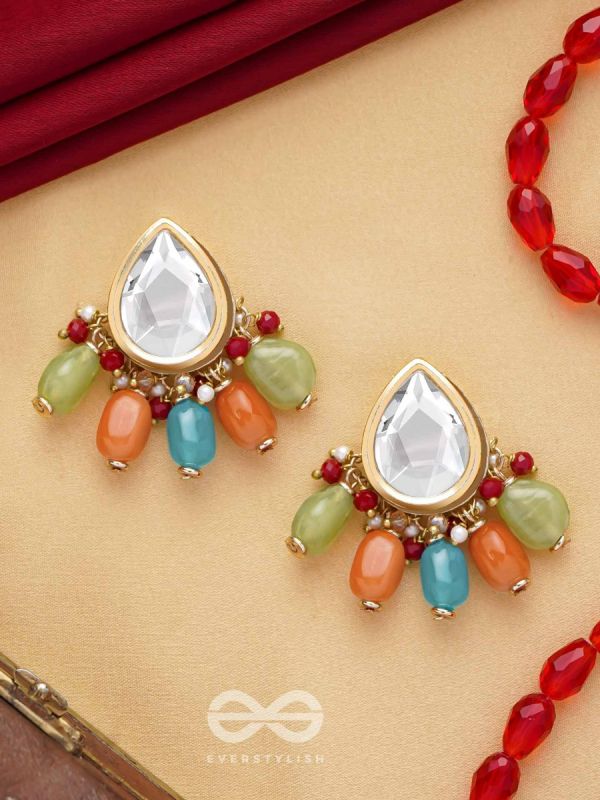Ravih - The Sun Loving - Golden Embellished Polki And Kundan Finished Earrings (Multicolor)