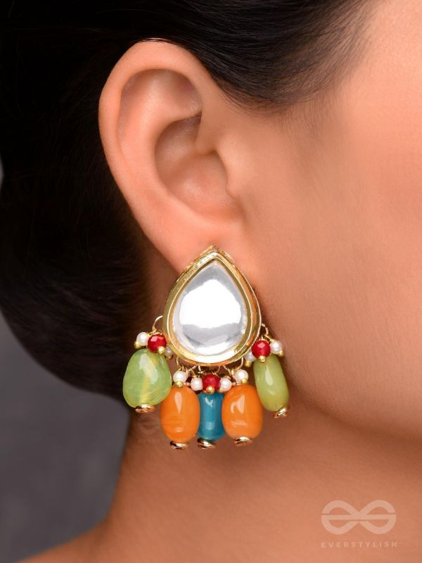 Ravih - The Sun Loving - Golden Embellished Polki And Kundan Finished Earrings (Multicolor)