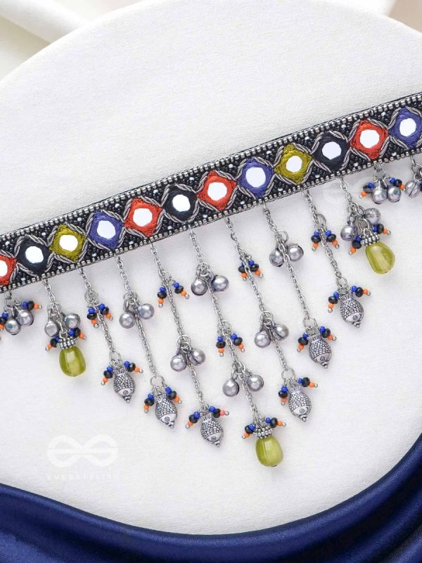 NEELHARINI - FOREST BLOOM - Mirror, Beads And Fish Charms Hand Embroidered Oxidised Neckpiece