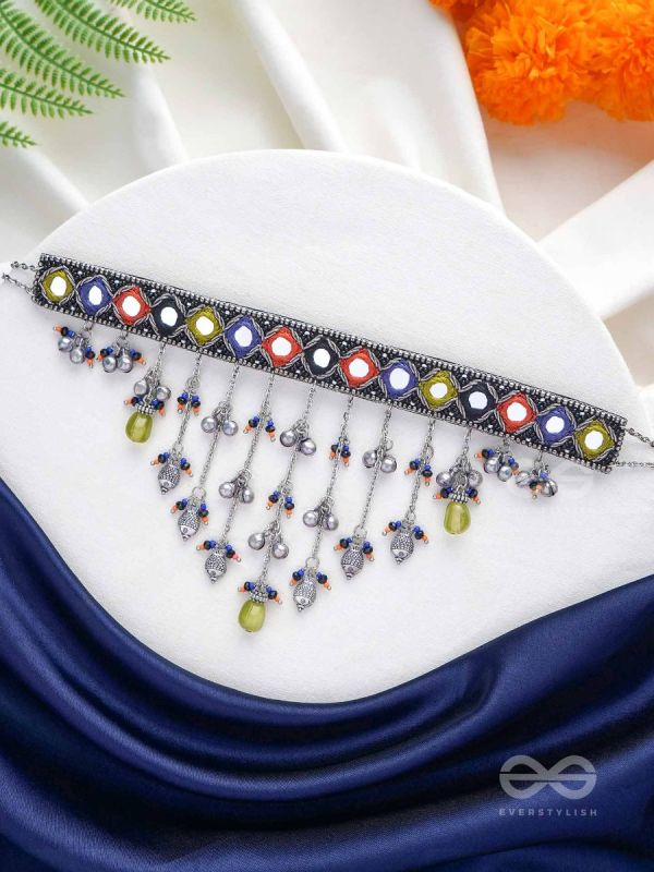 NEELHARINI - FOREST BLOOM - Mirror, Beads And Fish Charms Hand Embroidered Oxidised Neckpiece
