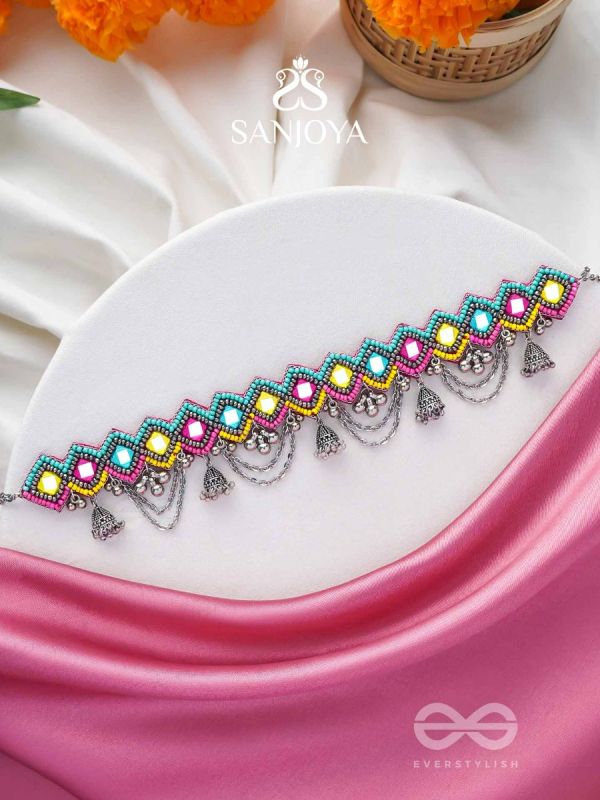UPARJITAA - RAINBOW RADIANCE - BEADS AND MIRROR EMBROIDERED AND OXIDISED NECKPIECE
