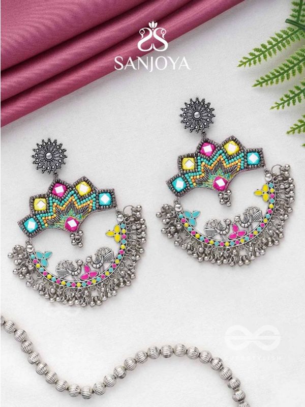 Shrichinmaya - The Eternal Beauty - Mirrors, Beads And Resham Hand Embroidered Oxidised Earrings