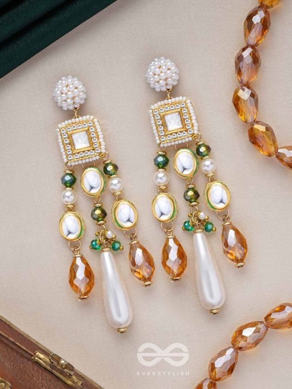Karidant - The Ivory Elegance - Beads, Polki And Kundan Finished Hand Embroidered Earrings