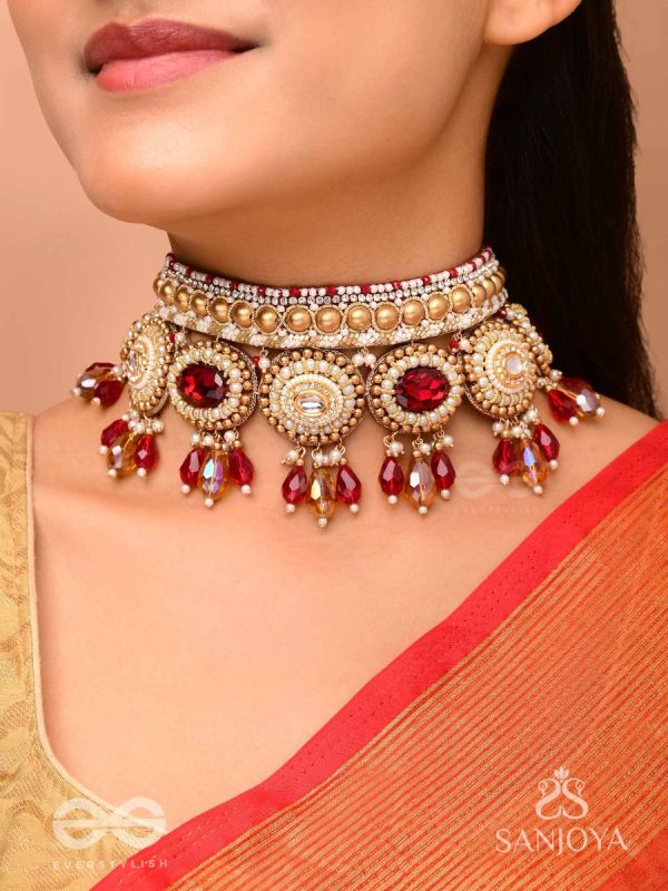Ratula - The Crimson Majesty - Stones, Beads And Glass Drops Embroidered Necklace