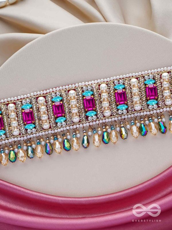 Karika - Prismatic Allure - Stones, Beads And Glass Drops Hand Embroidered Neckpiece