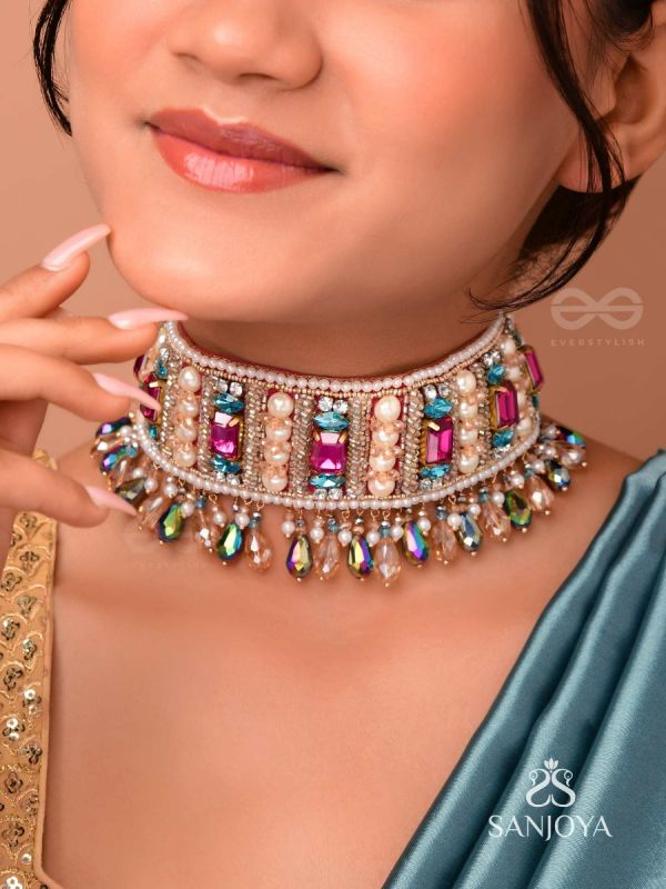 Karika - Prismatic Allure - Stones, Beads And Glass Drops Hand Embroidered Neckpiece