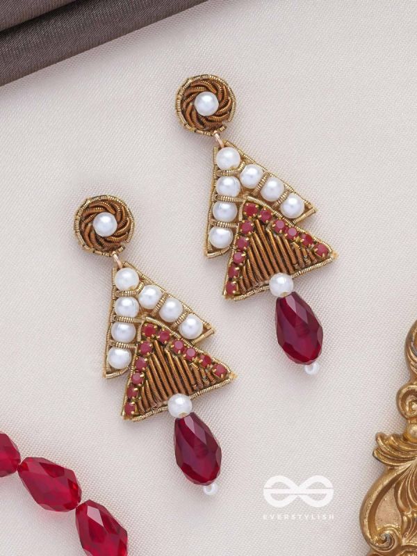 Ucchriti - The Majestic Triangles - Pearls, Dabka And Glass Drop Hand Embroidered Earrings