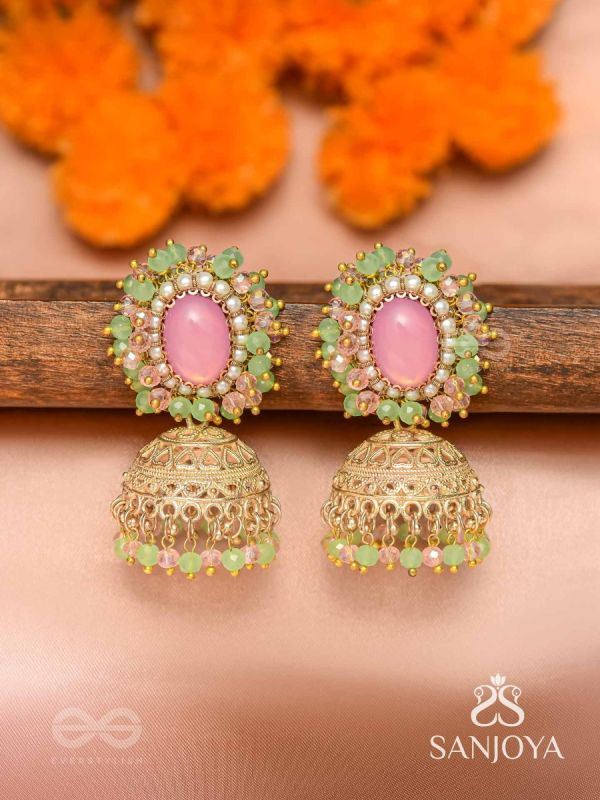 Hasyahina - The Blossoming Smile - Stone And Beads Hand Embroidered Jhumka Earrings