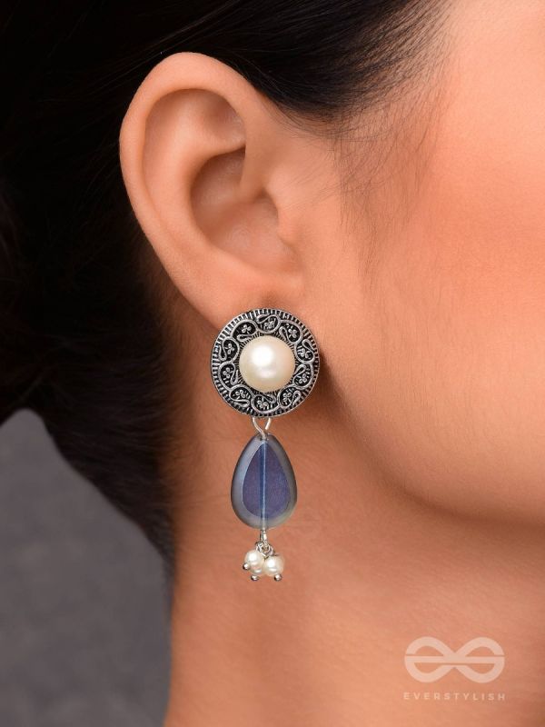 Marine Moonstone - Oxidised Pearl Jhumka Earring 
