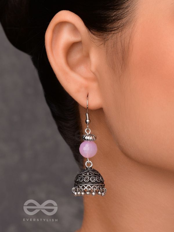 PINK MIST ELEGANCE - OXIDISED DROP JHUMKA EARRINGS