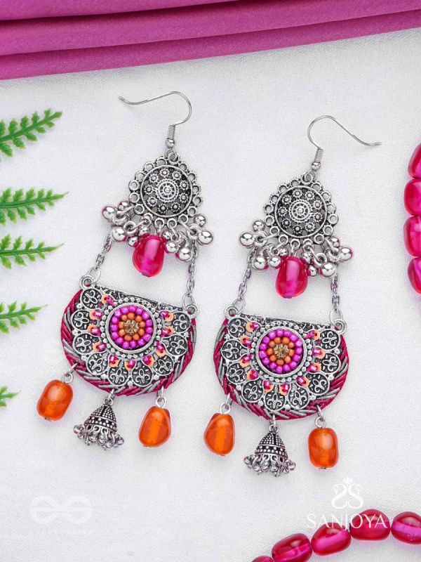 Abhisayam - The Sunset Dyes- Stone, Beads, Dabka And Glass Drops Hand Embroidered Oxidised Earrings
