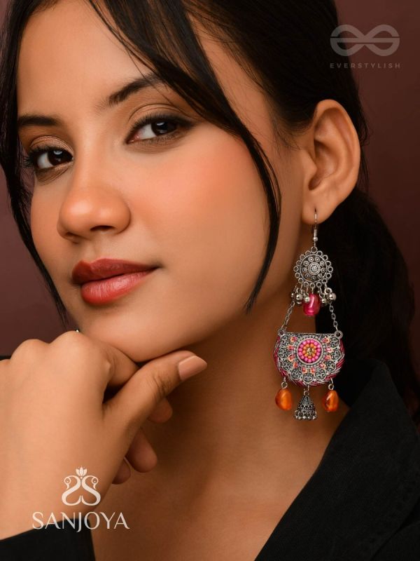 Abhisayam - The Sunset Dyes- Stone, Beads, Dabka And Glass Drops Hand Embroidered Oxidised Earrings