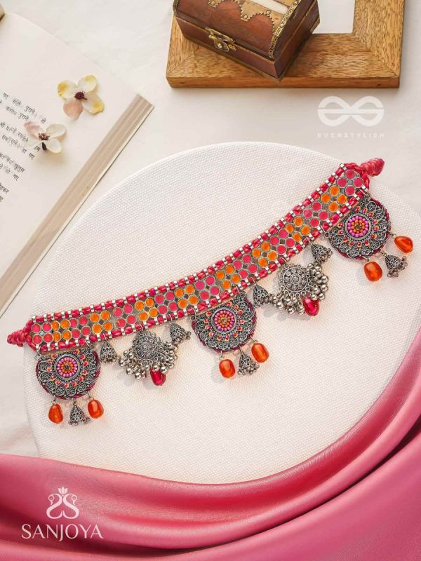 Prasvap - The Dusk Dream - Resham, Beads And Glass Drops Hand Embroidered Oxidised Choker Neckpiece