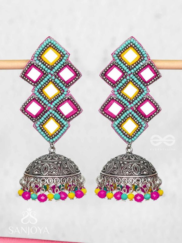 Vasantak - The Vibrant Kites- Mirrors, Resham And Beads Hand Embroidered Oxidised Jhumka Earrings