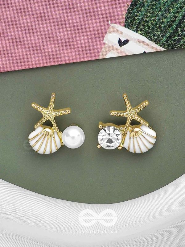 STARFISH & SEASHELL WISHES - GOLDEN AND WHITE EMBELLISHED STUD EARRINGS