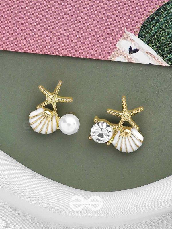 STARFISH & SEASHELL WISHES - GOLDEN AND WHITE EMBELLISHED STUD EARRINGS