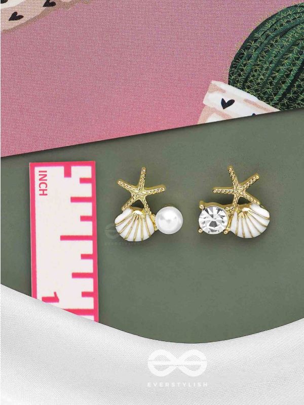 STARFISH & SEASHELL WISHES - GOLDEN AND WHITE EMBELLISHED STUD EARRINGS