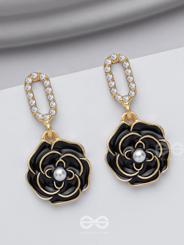 THE MIDNIGHT ROSE - GOLDEN AND BLACK EMBELLISHED EARRINGS