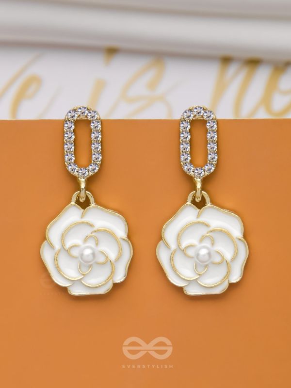 THE MIDNIGHT ROSE - GOLDEN AND WHITE EMBELLISHED EARRINGS