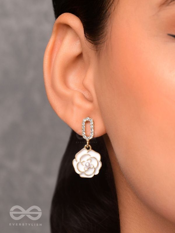 THE MIDNIGHT ROSE - GOLDEN AND WHITE EMBELLISHED EARRINGS