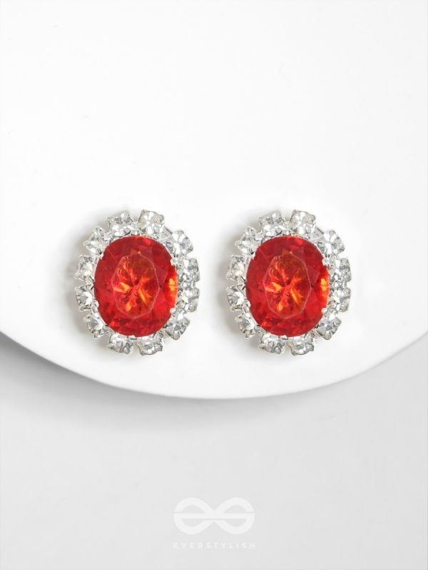 SHIMMER AND SHINE - SILVER AND RED EMBELLISHED STUD EARRINGS