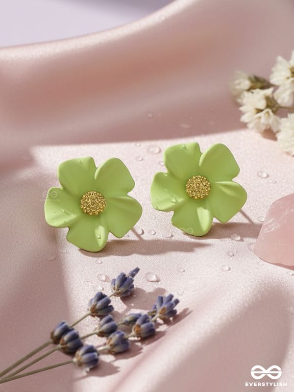 THE BLOSSOM BALLAD - GOLDEN AND GREEN ACRYLIC STUD EARRINGS
