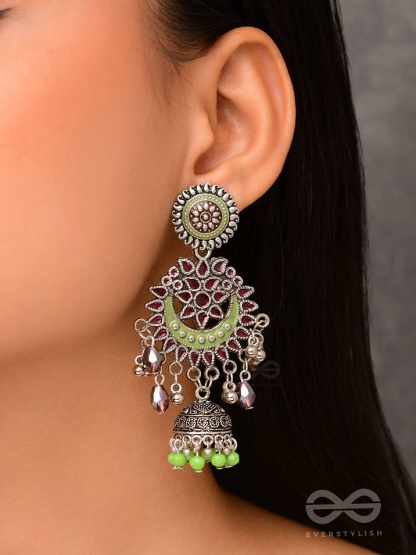 The Ruby Meadows - Statement Enamelled And Oxidised Jhumka Earrings