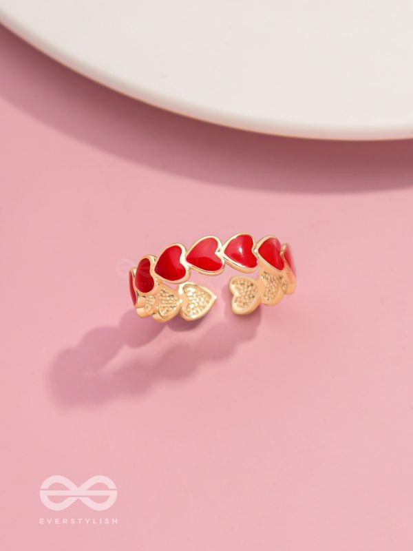 Crimson Hearts - Golden & Red Enamelled Ring