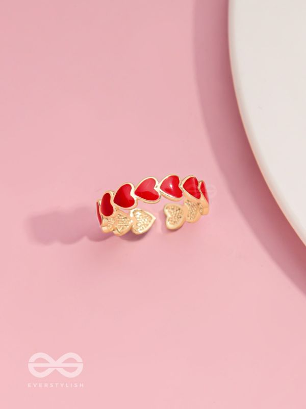 Crimson Hearts - Golden & Red Enamelled Ring