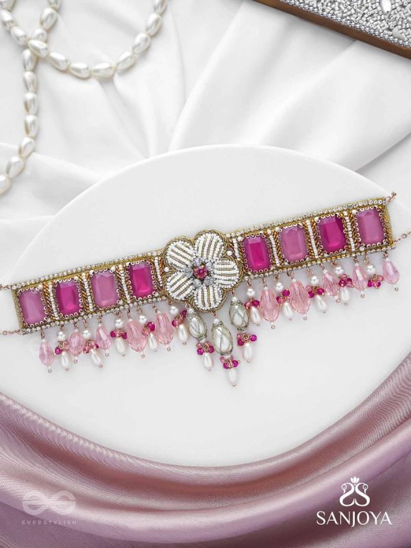 CHAANDIKUSUMA - THE ROYAL BLOSSOM- STONE, BEADS, GLASS AND PEARL DROPS HAND EMBROIDERED CHOKER NECKPIECE